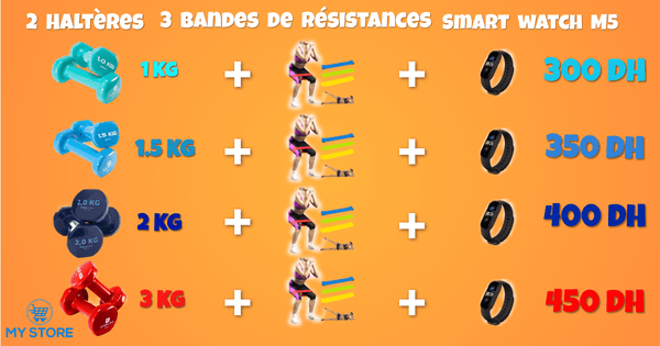 Pack fitness My Store: Haltères + 3 Bandes de résistances élastiques + Smart Watch M5